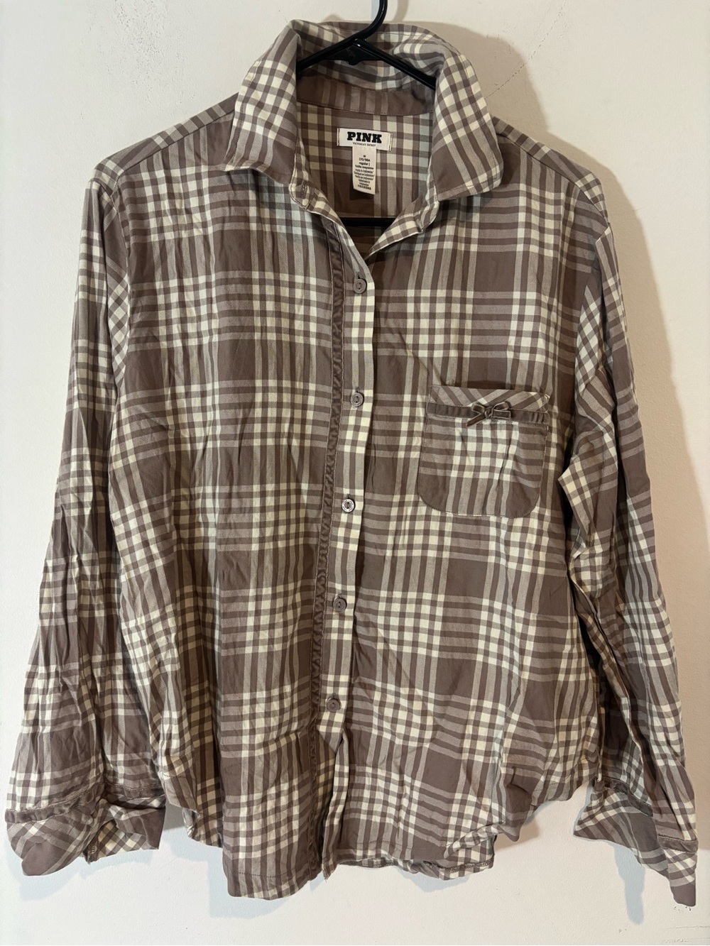 PINK Victoria's Secret  Women’s Medium Brown Cream Plaid Button-Down PJ Shirt